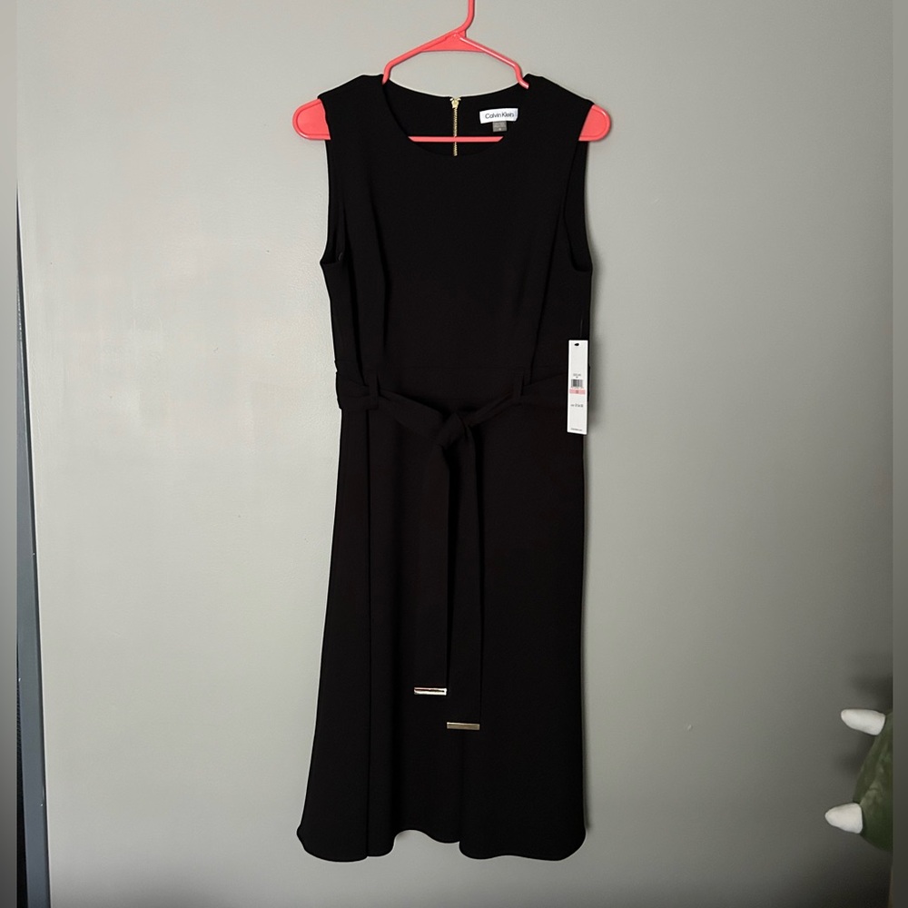 Calvin Klein Black Dress, sleeveless, belted, gold zippered back, New with tags